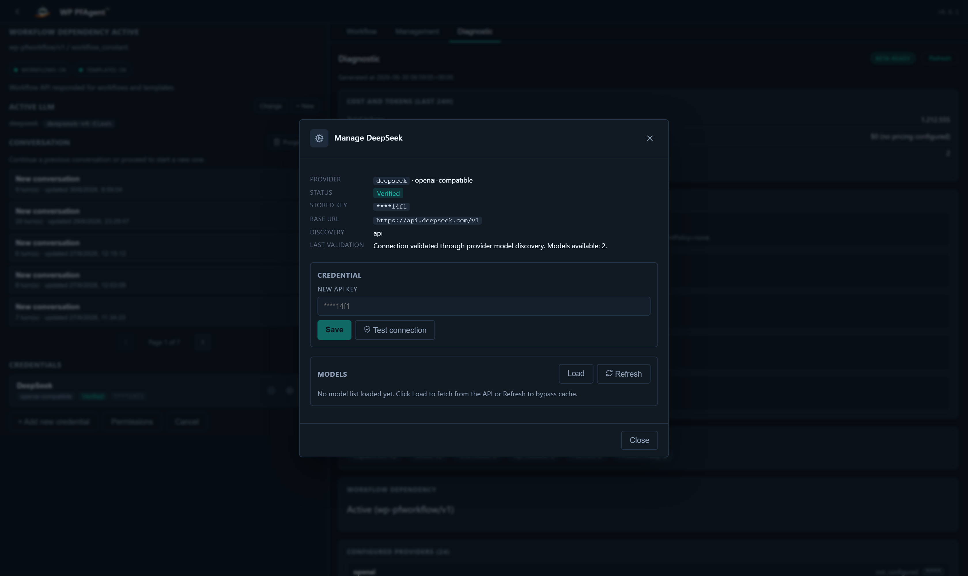 Managing a credential — status, masked key, base URL, discovery
