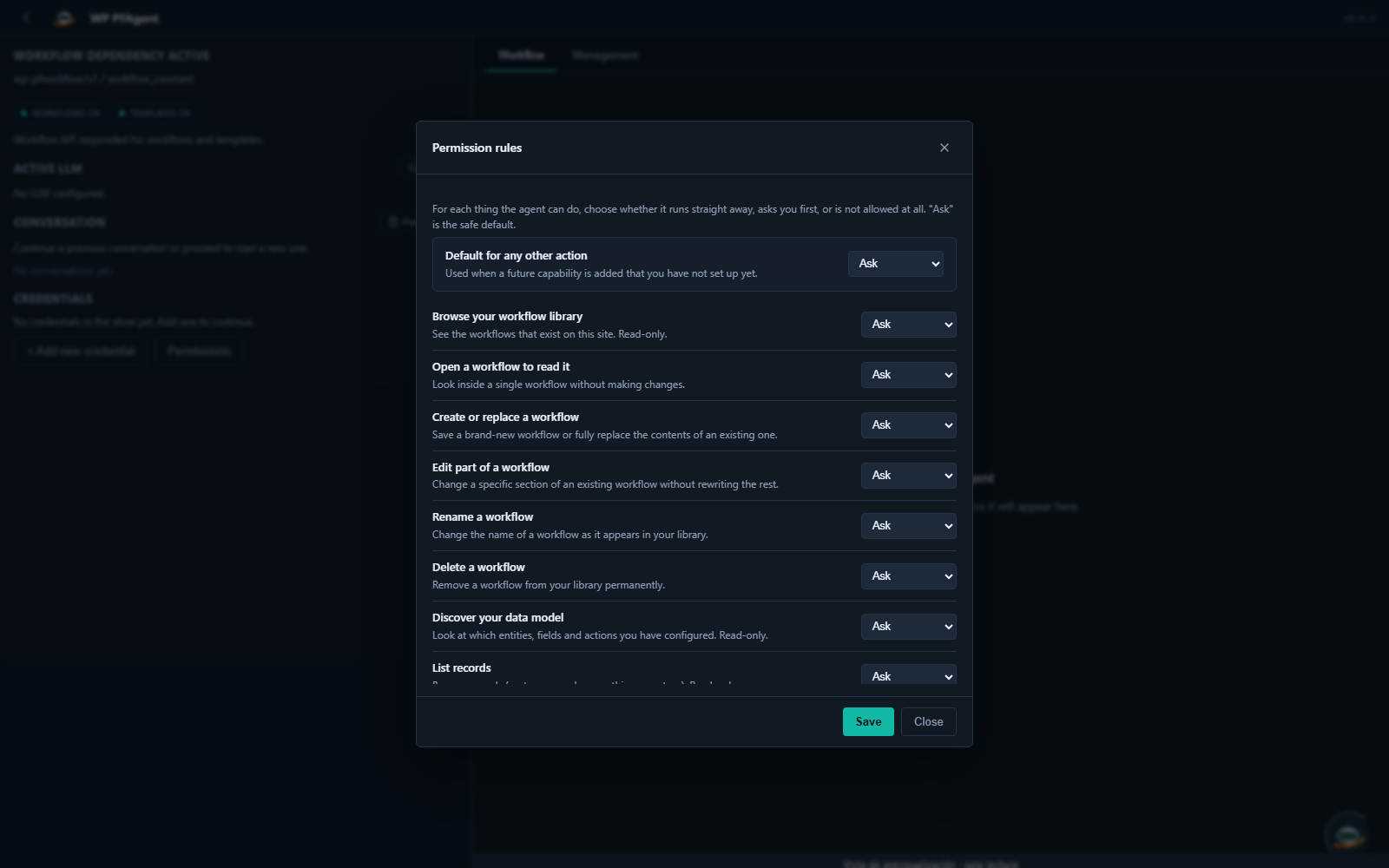 Permission rules editor in the agent admin