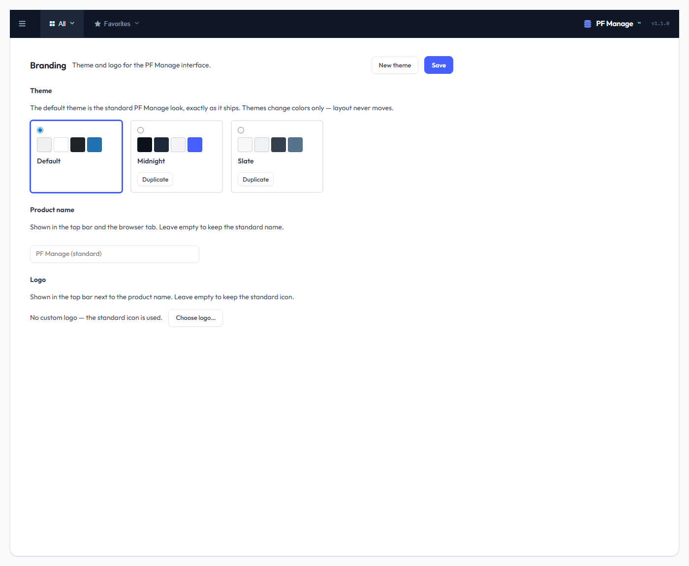 The branding screen — theme picker, logo and product name