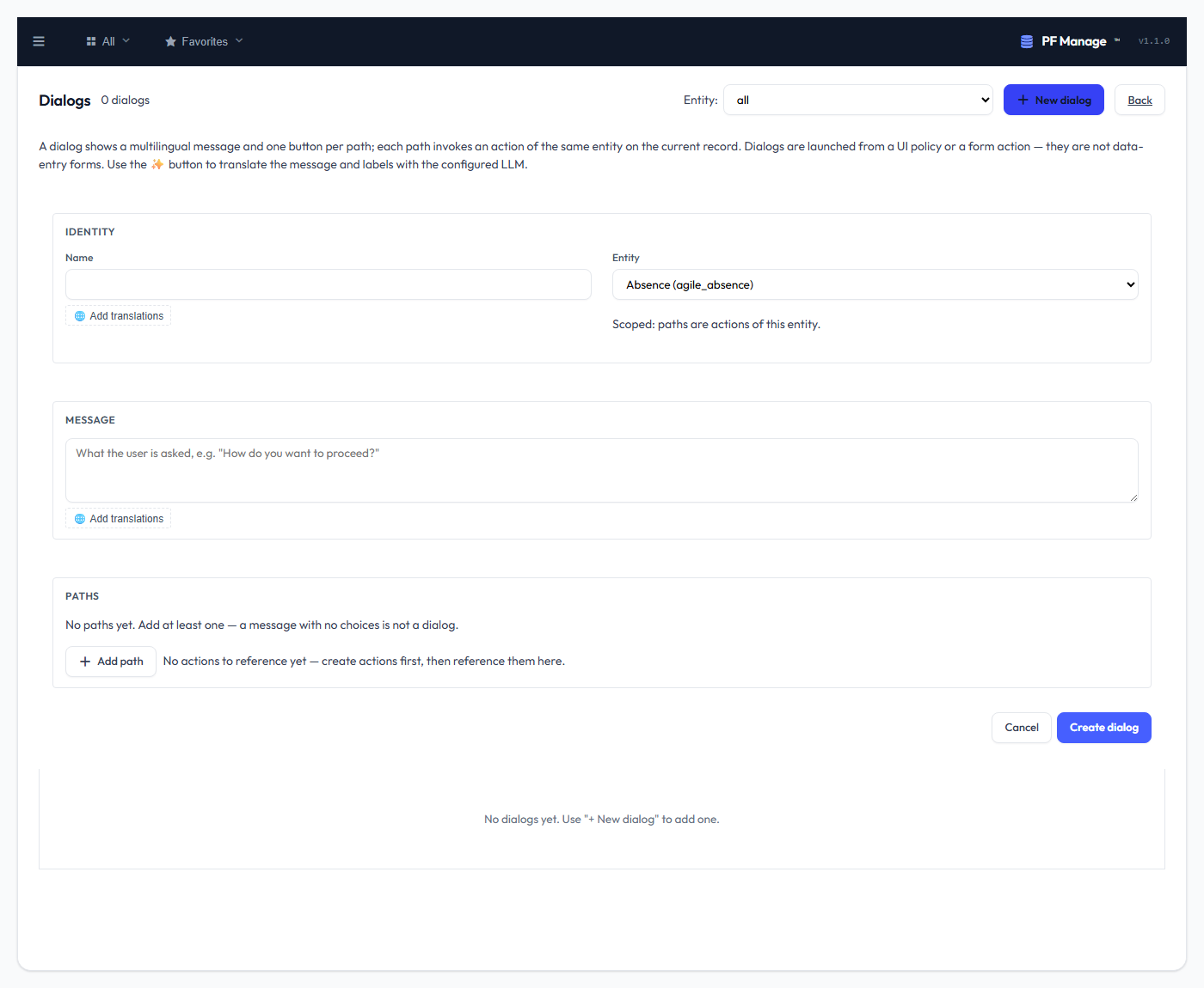 The Dialog editor in WP-PFManagement