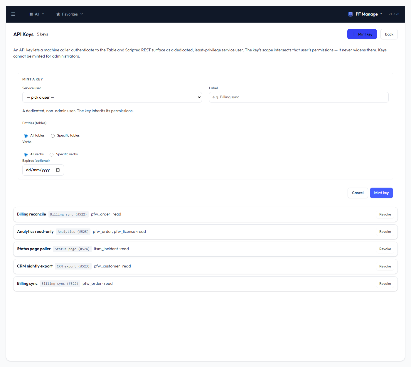 The API key mint form — service user, label, the scope selector and optional expiry