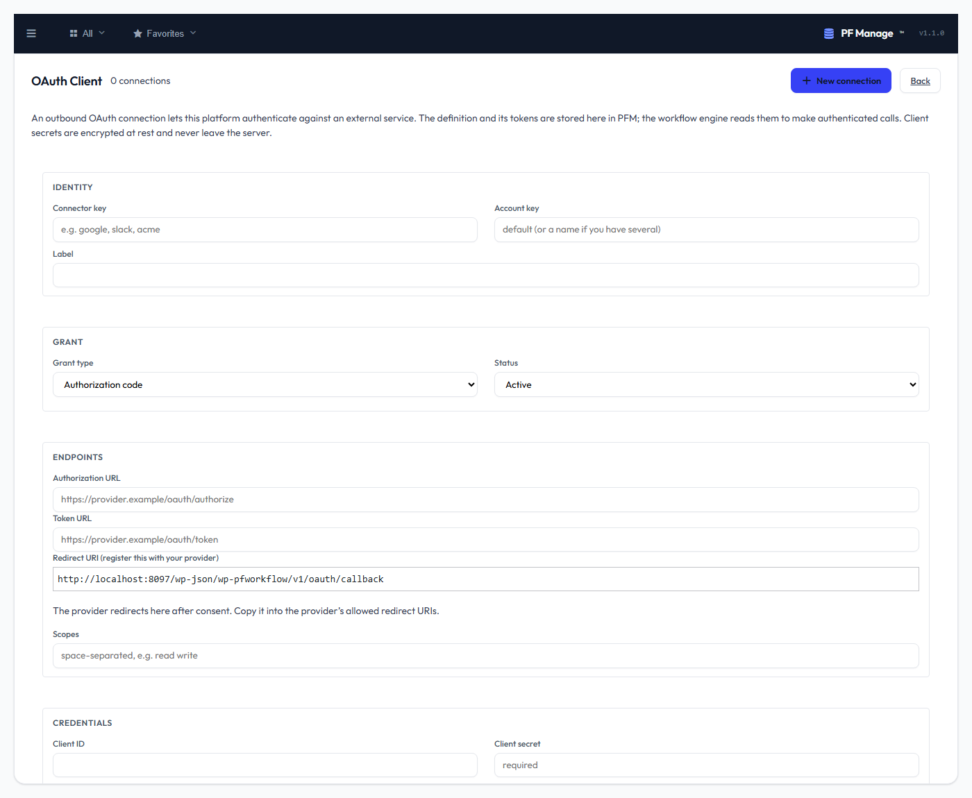 The OAuth client connection editor in Management