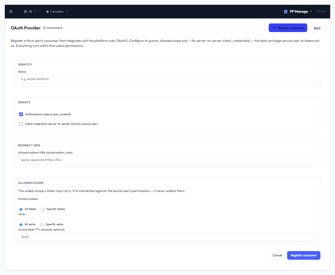 The OAuth provider consumer editor — grants, service user, allowed scope and reveal-once secret