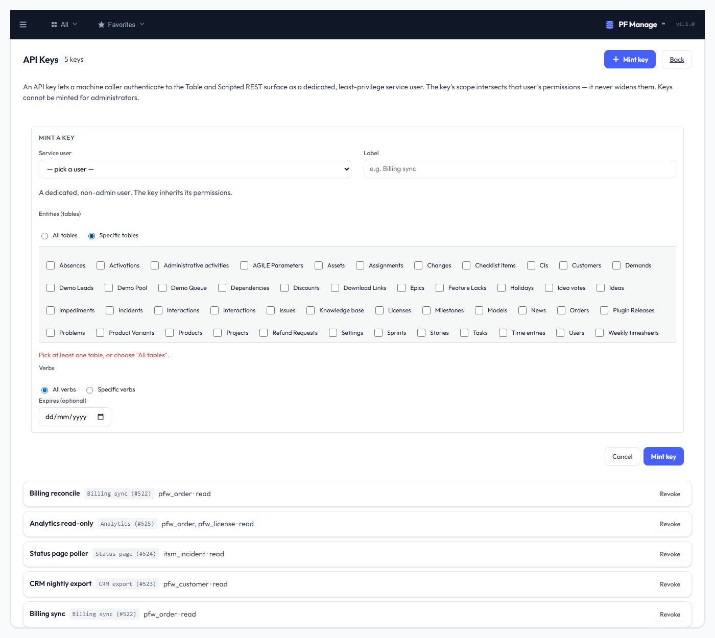 The scope selector — All vs specific tables and verbs