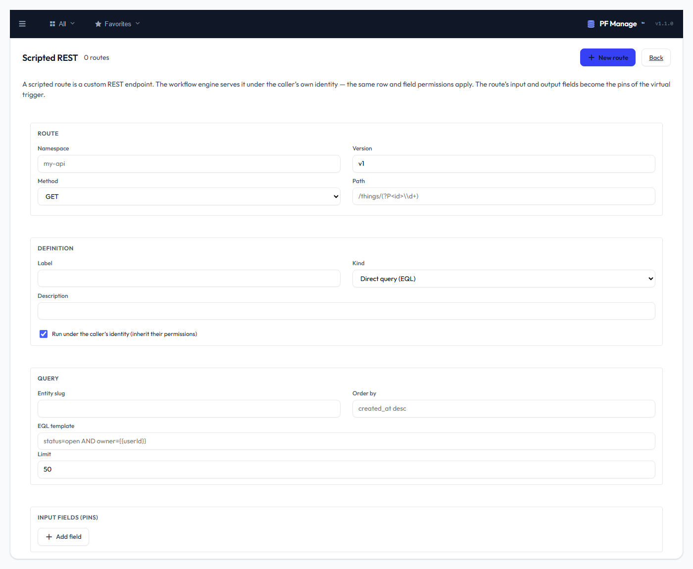 The Scripted REST route editor — route identity, definition, query and input/output fields