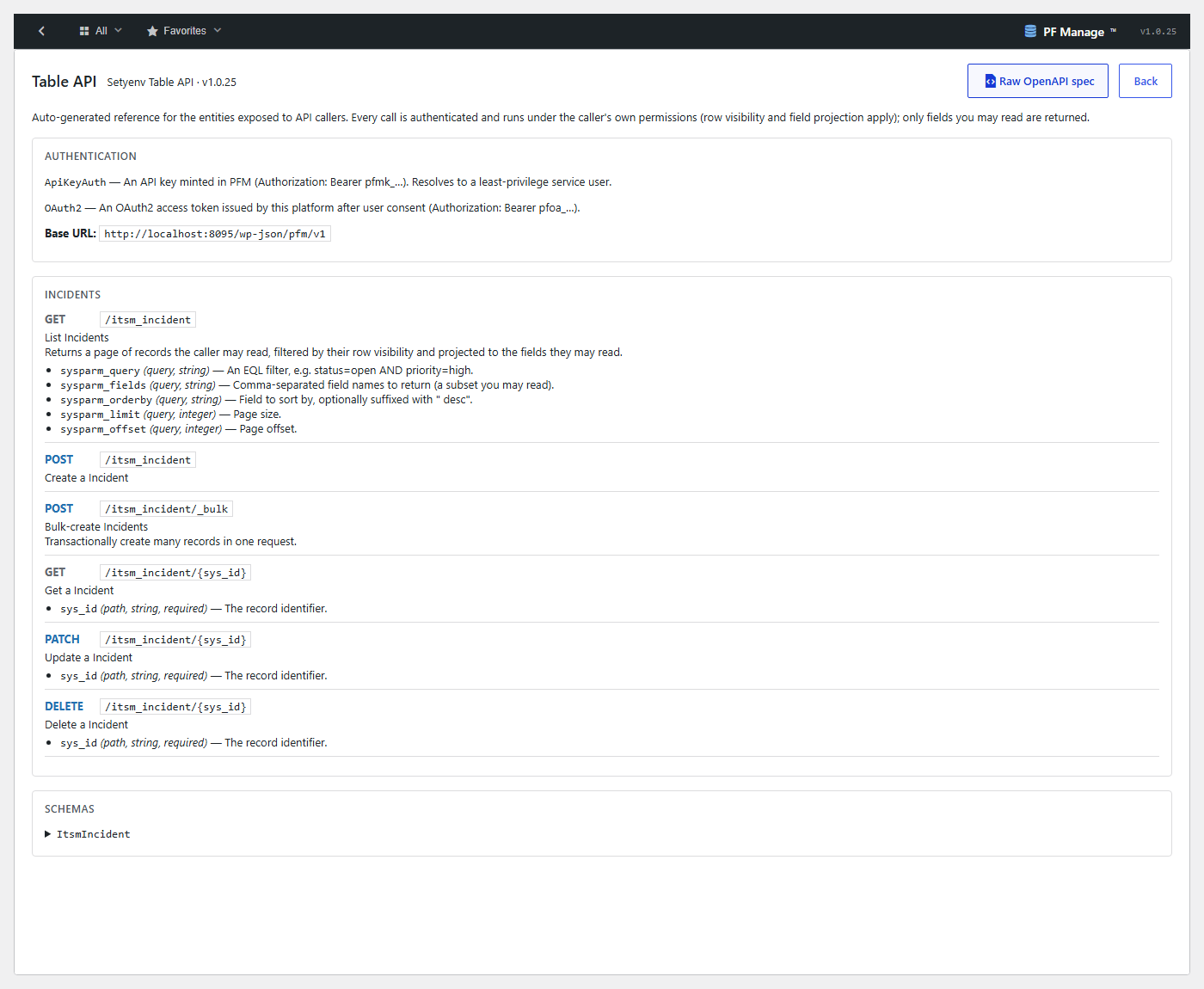 The Table API auto-documentation screen — authentication, base URL and per-entity endpoints