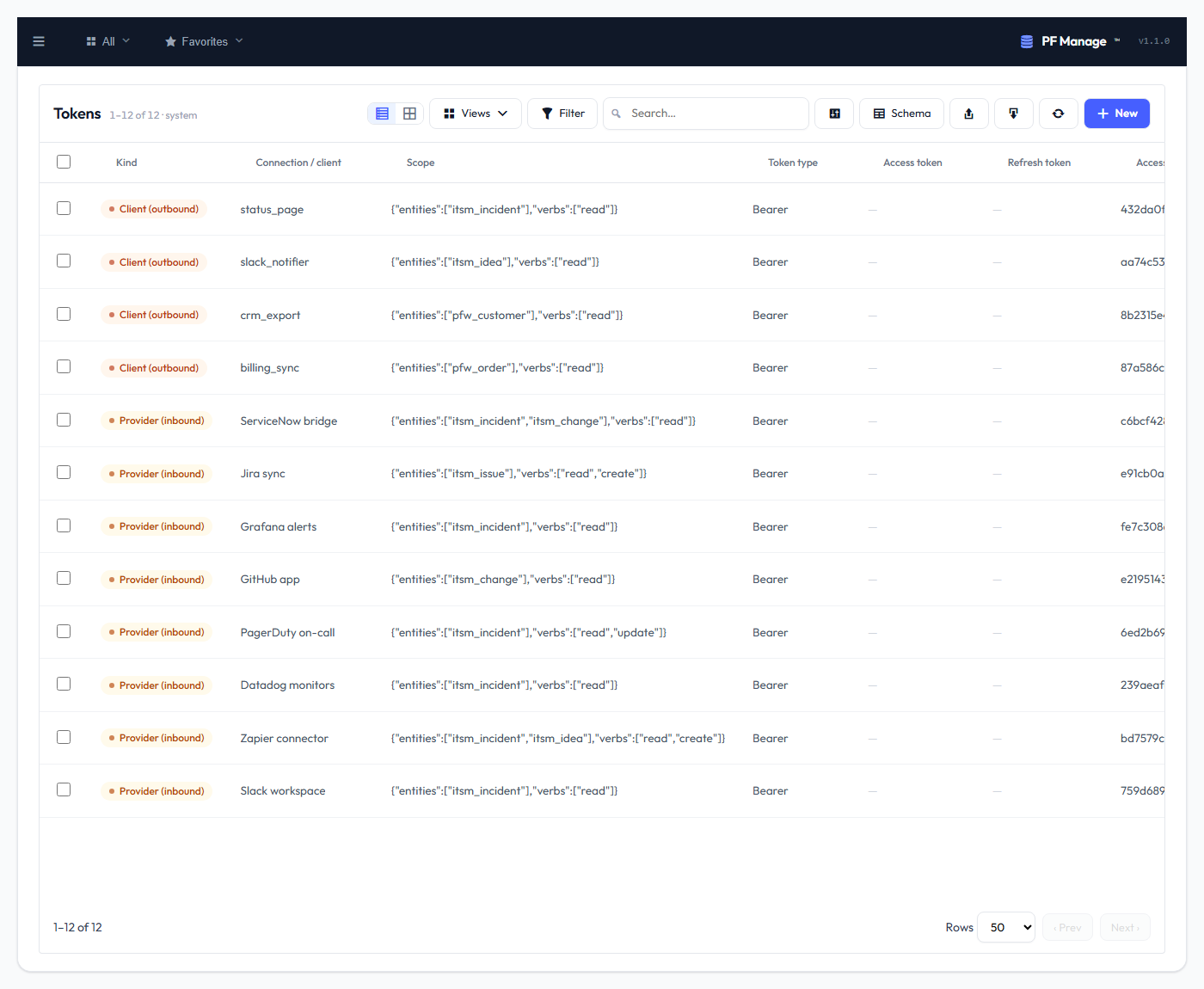 The native Tokens table in Management — client and provider tokens with secret columns redacted