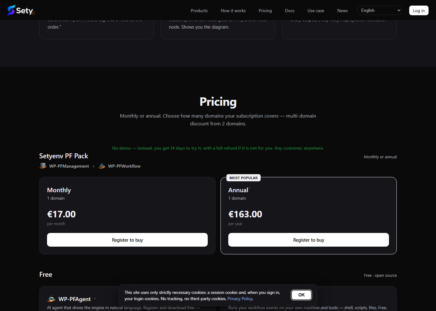 The Setyenv PF Pack on the pricing page — one subscription for WP-PFManagement + WP-PFWorkflow, monthly or annual, multi-domain