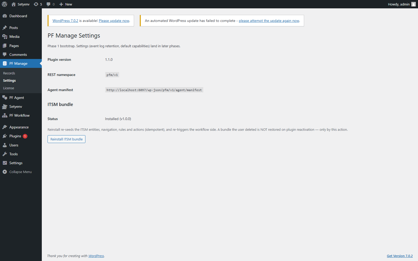 WP-PFManagement settings screen