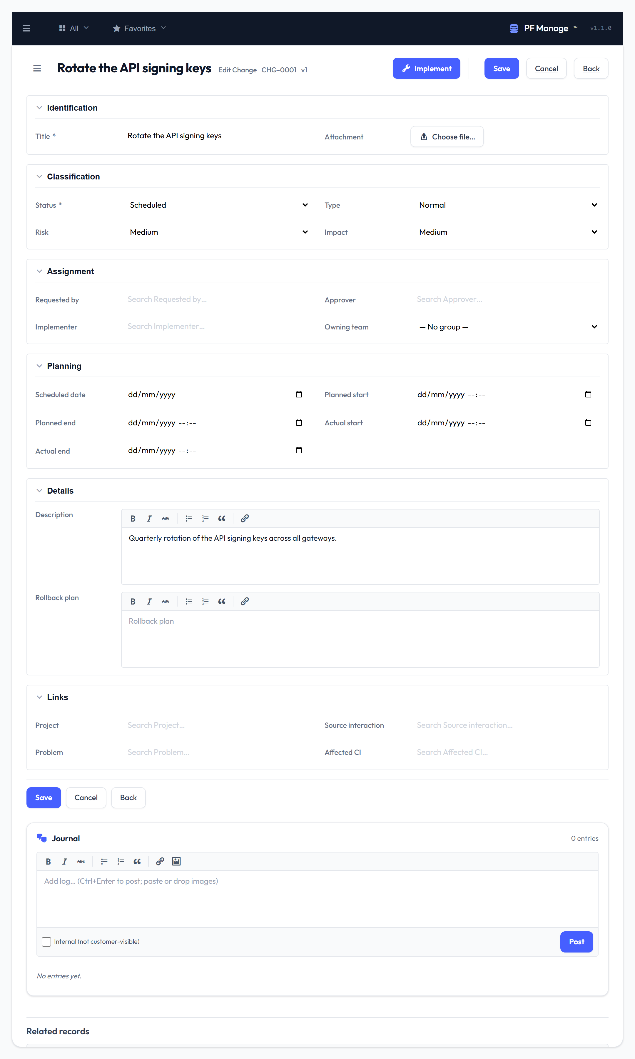 Change request with Approve / Reject actions