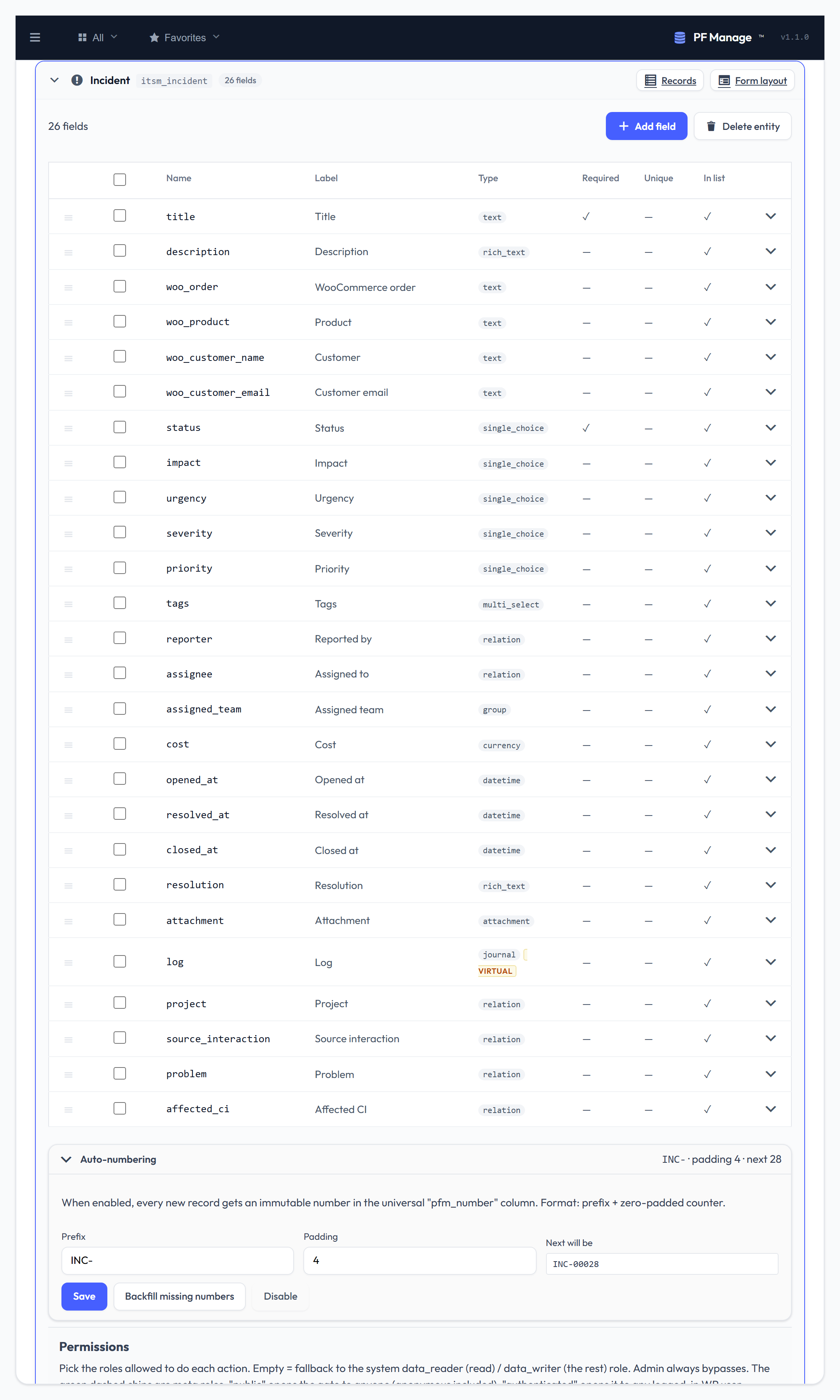 Entity schema editor with fields, auto-numbering and permissions
