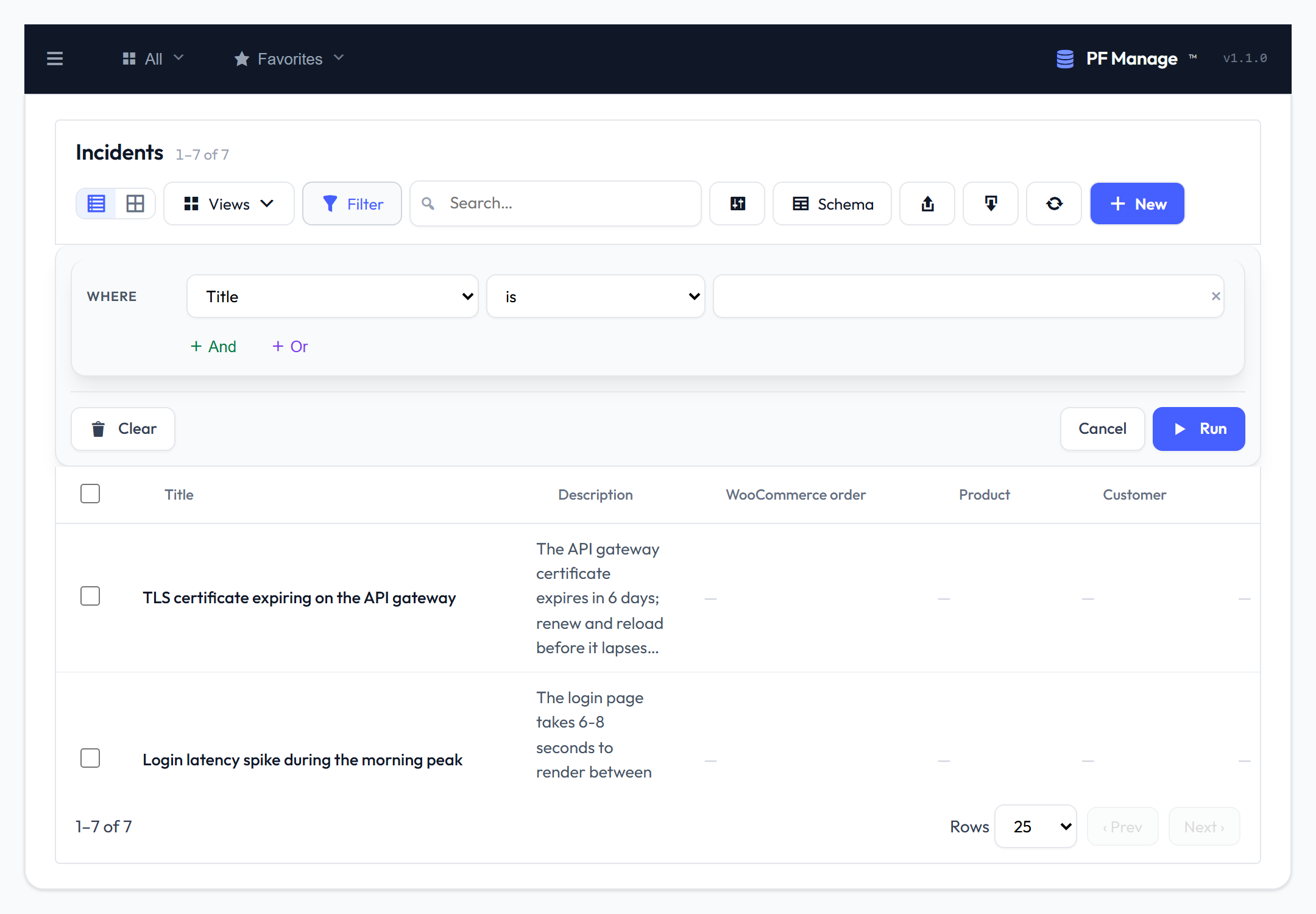Visual filter builder on the incident list