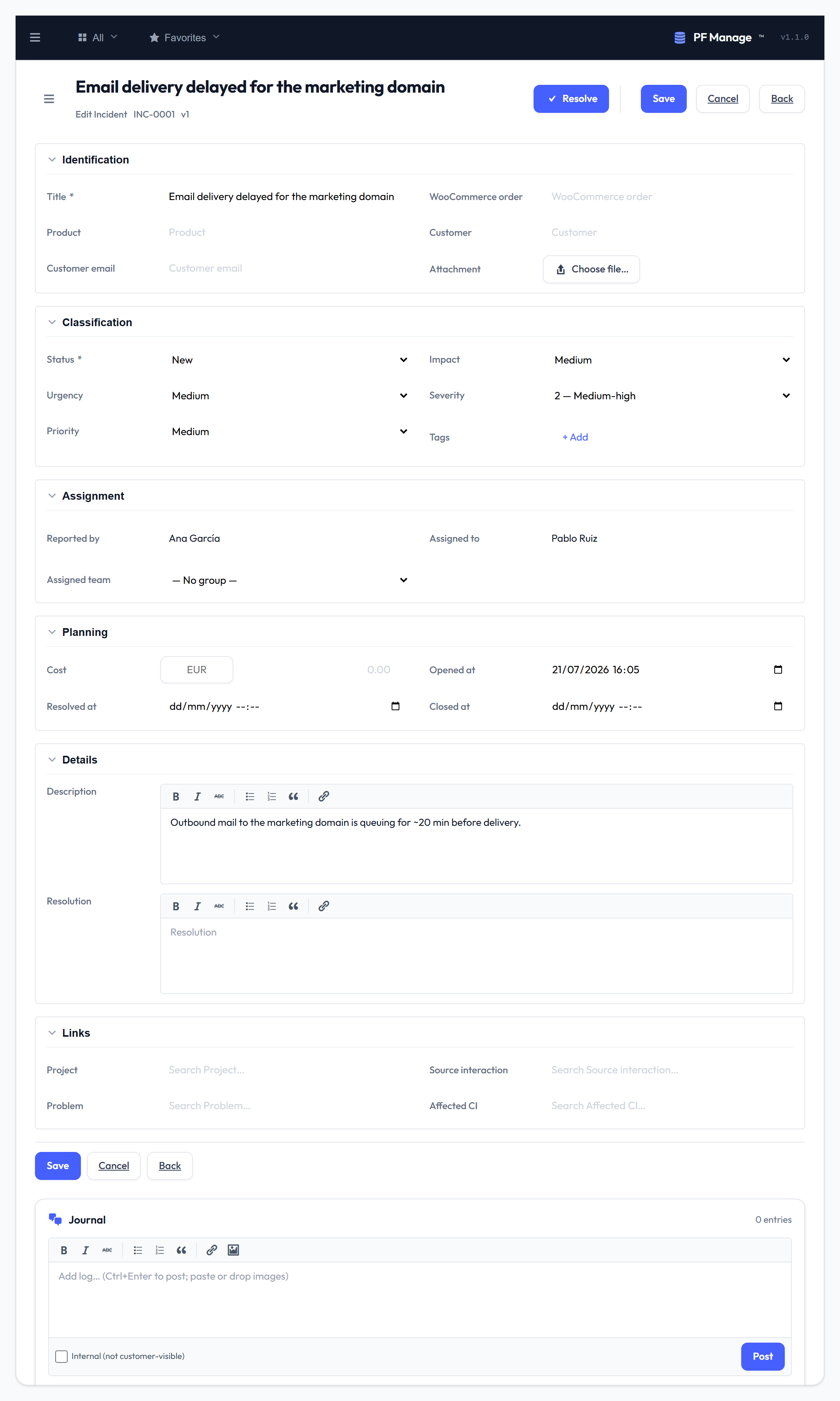 Incident record with form sections, journal and audit