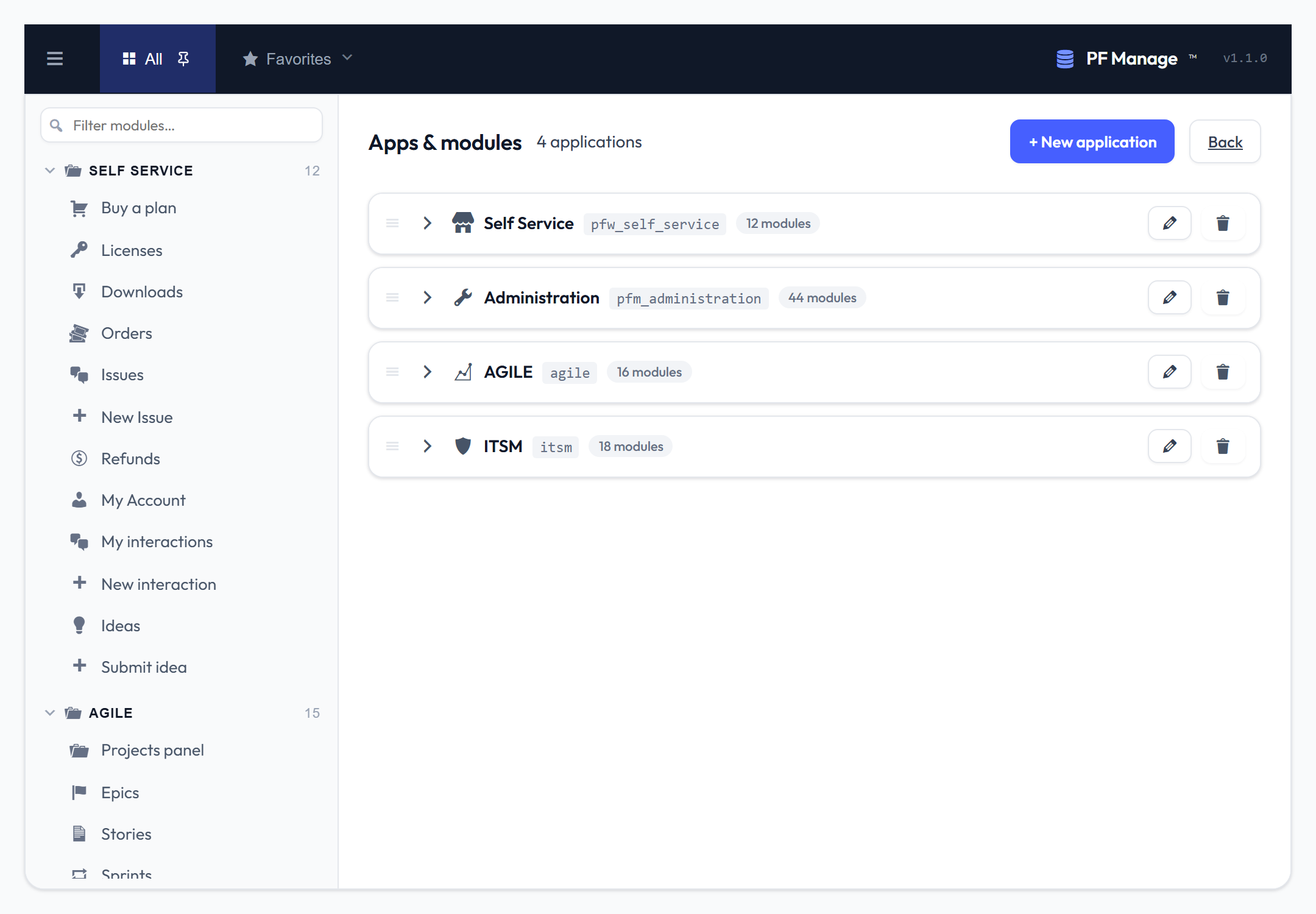 Applications and modules editor
