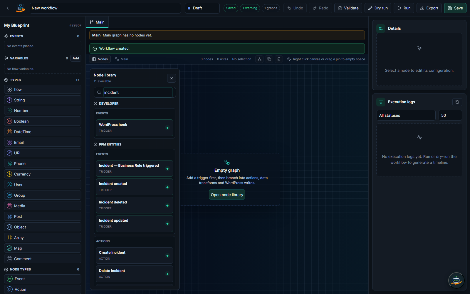 The Workflow node library showing per-entity table nodes and triggers that exist because the entity was modelled in Management