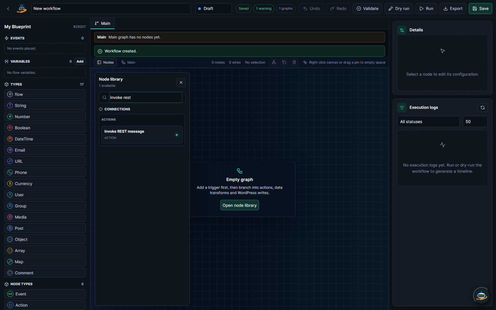 The Invoke REST message node in the Connections group of the node library