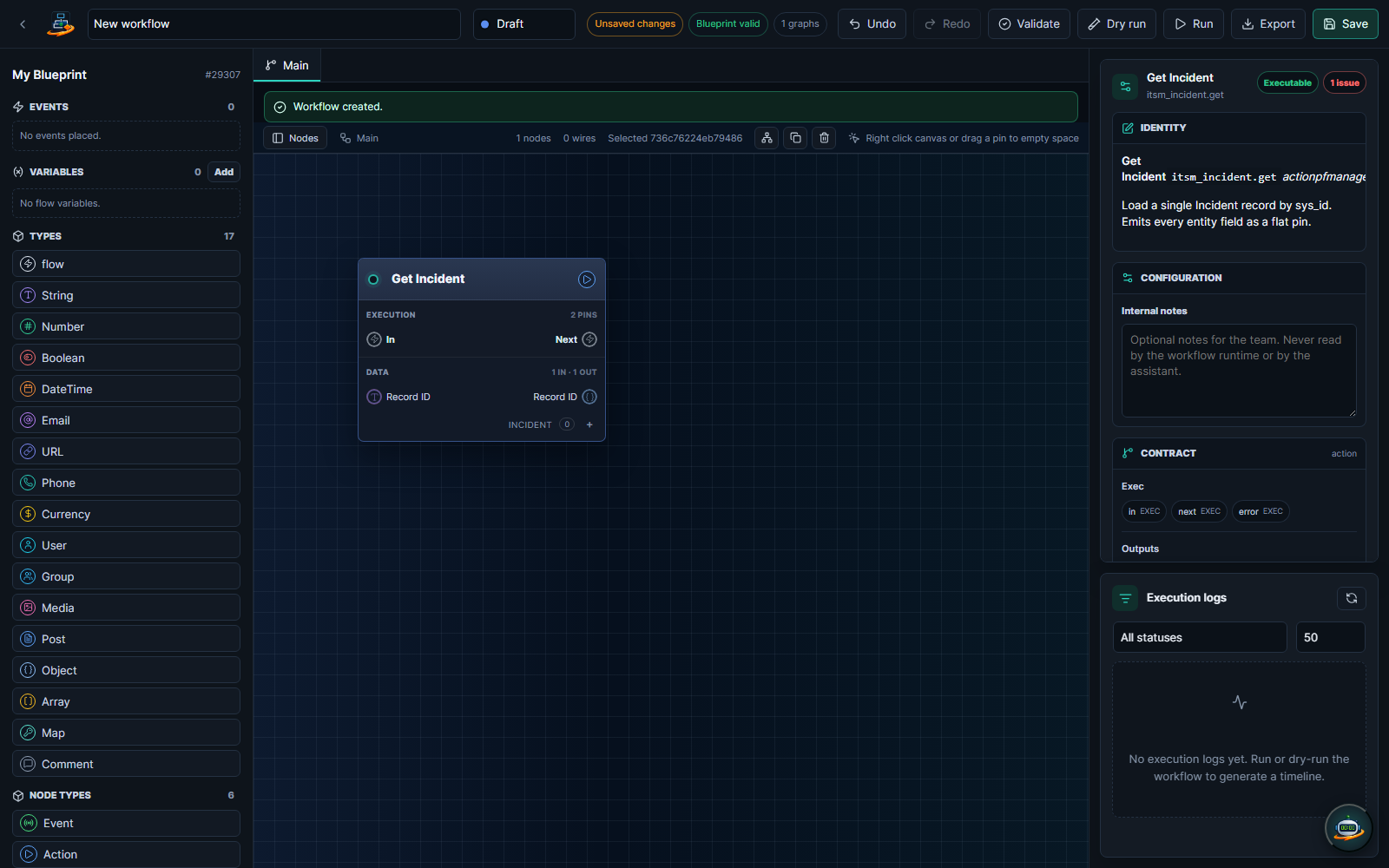 A per-entity table node selected on the canvas, its inspector showing the typed pins it exposes