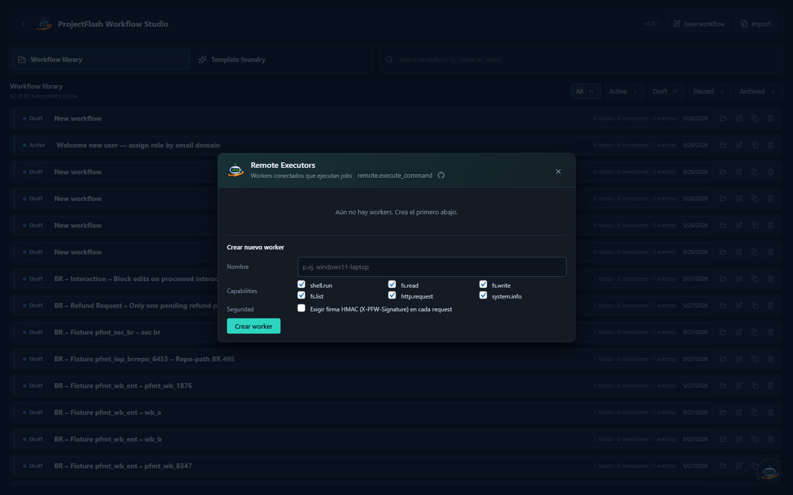Remote Executors panel: worker creation with capability checkboxes and HMAC signing toggle