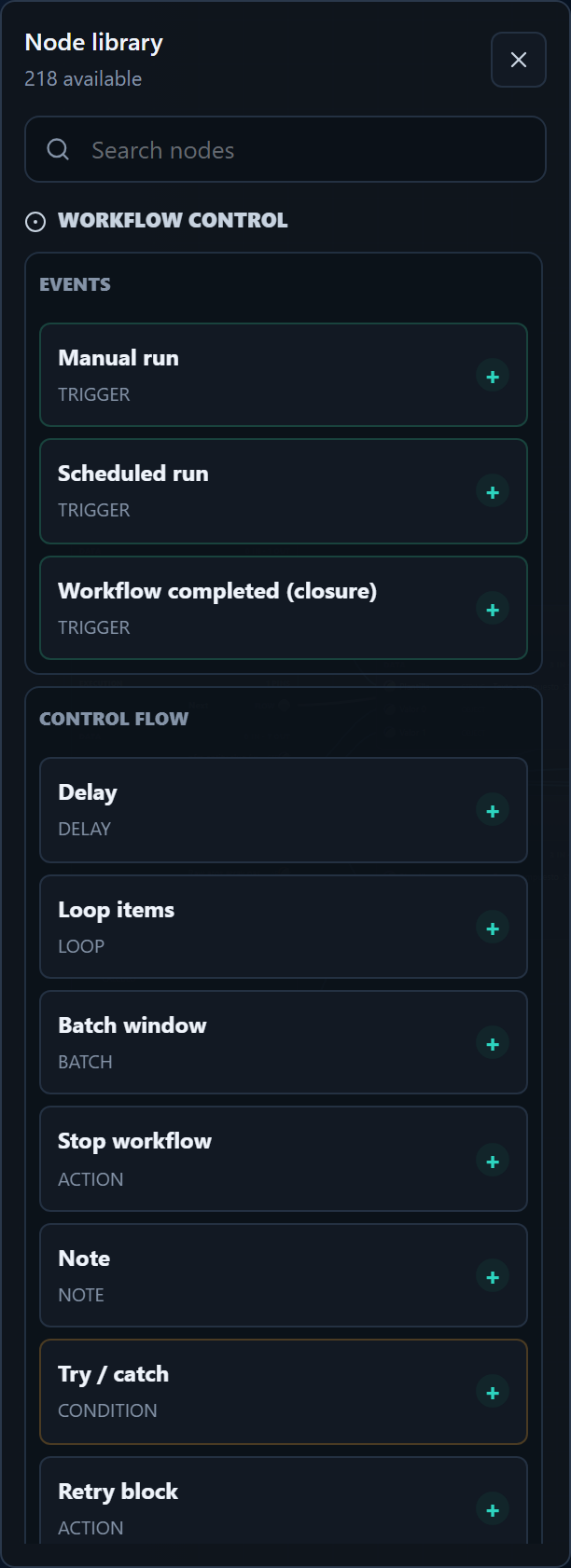 Node library with 218 nodes and categories
