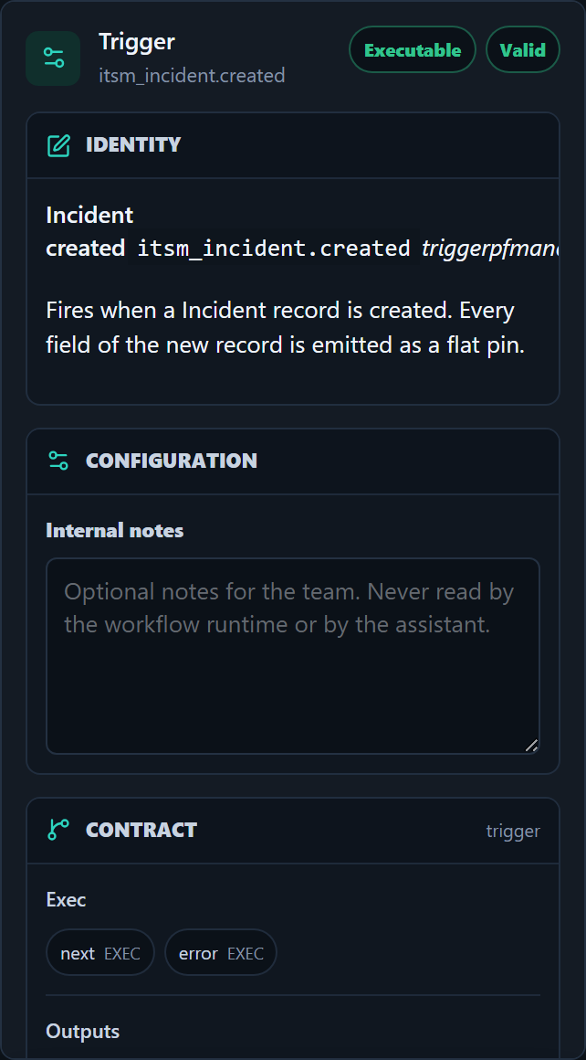 Node inspector with validation and typed contract