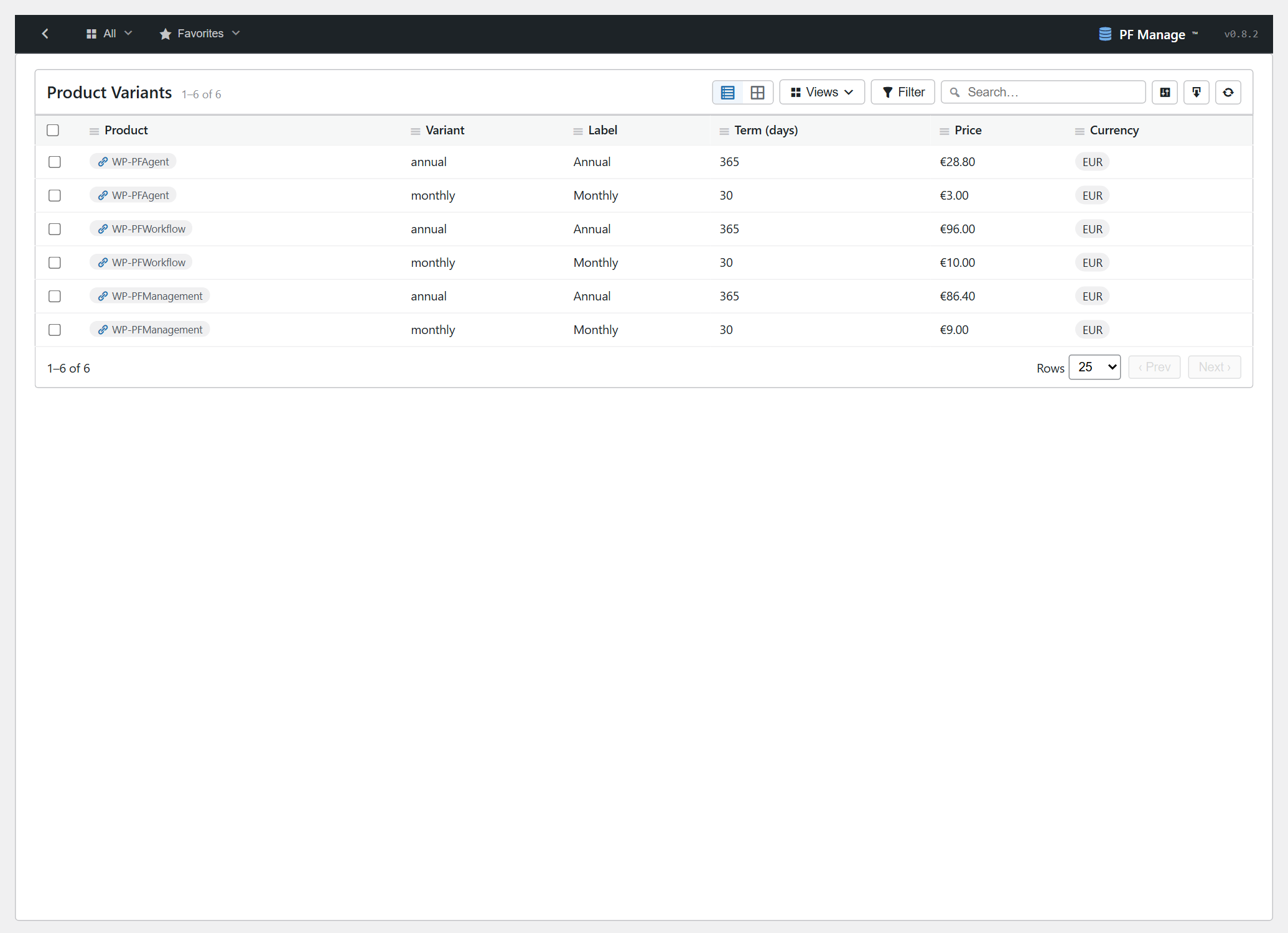 Plan catalogue with products, terms and prices