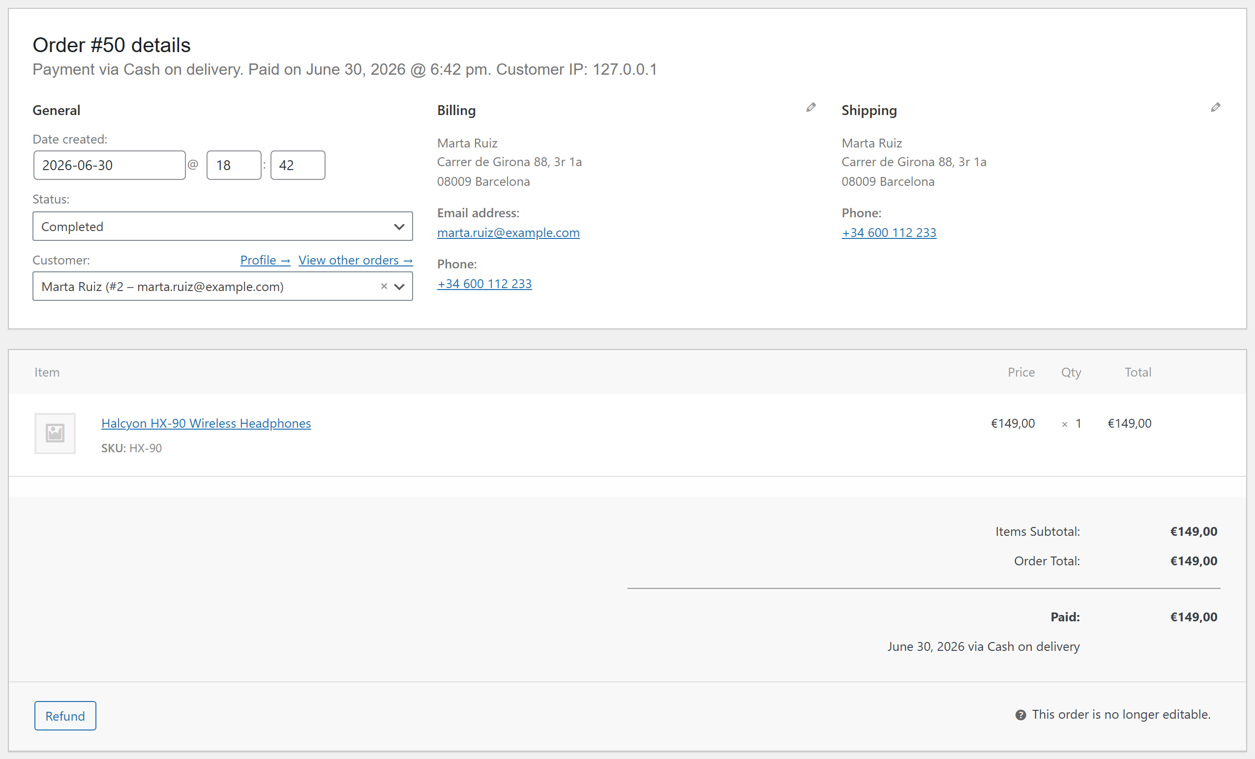 The WooCommerce order #50 (Marta Ruiz · Halcyon HX-90 · €149 · completed).