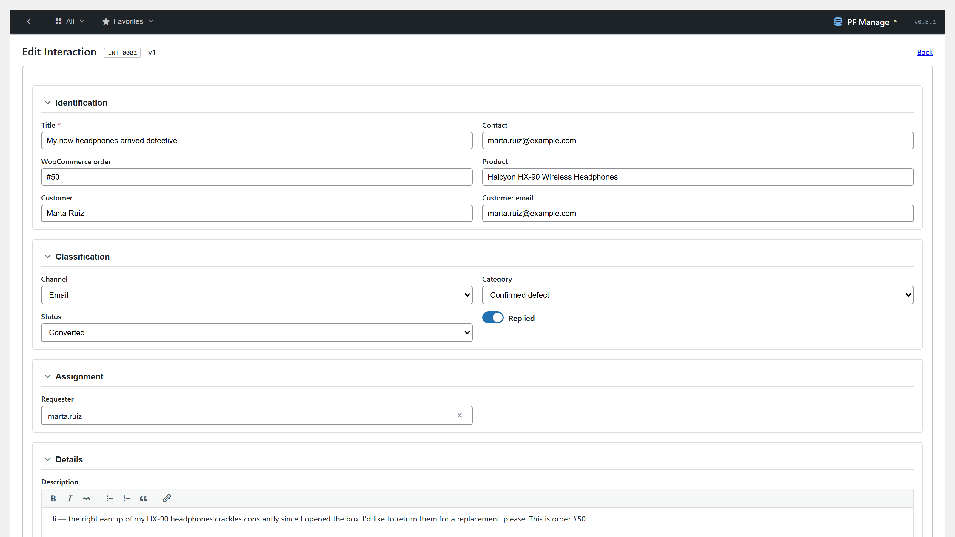 The customer's interaction form / record, showing the WooCommerce order link (order #50, HX-90, Marta) on the ticket.